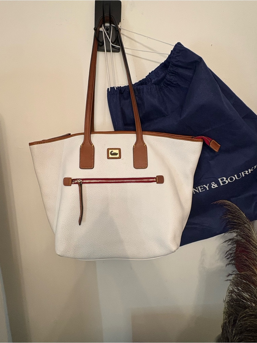 Dooney & Bourke White Pebble Leather Tote with Brown Trim large like new